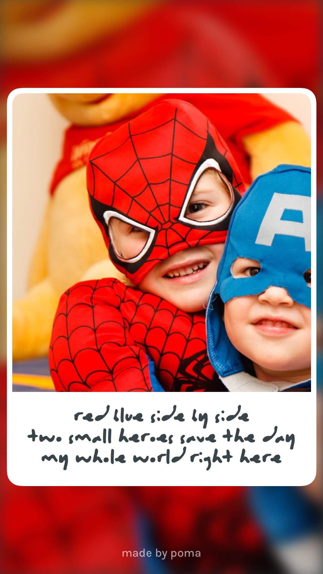 Two kids in superhero costumes, grinning at the camera